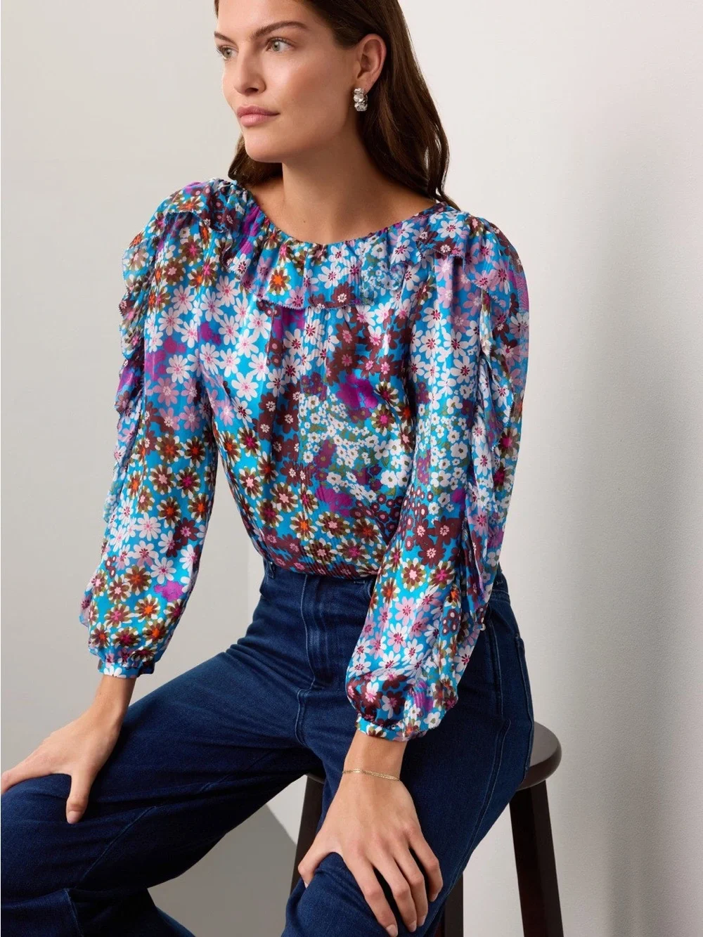 Kate Spade Pacific Petals Silk Chiffon Blouse Aruba Blue Ruffle Small NWOT